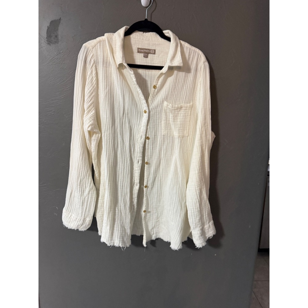 Victory‎ Outfitters Womens XXL White Cotton Gauze Button Down Frayed Hem Shirt